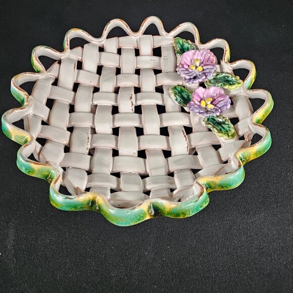 Vintage Italy Majolica Handcrafted Open Weave Ceramic Shallow Bowl Purple Floral - Picture 10 of 12
